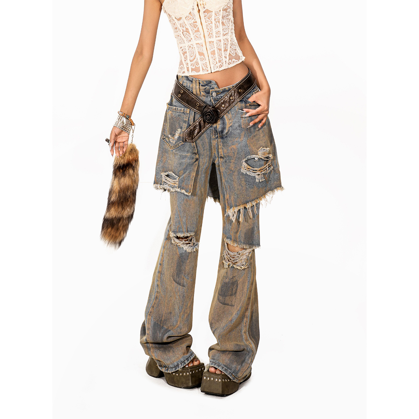 Arielink小众设计感脏染做旧破洞牛仔裤女辣妹假两件长裤 K25A462