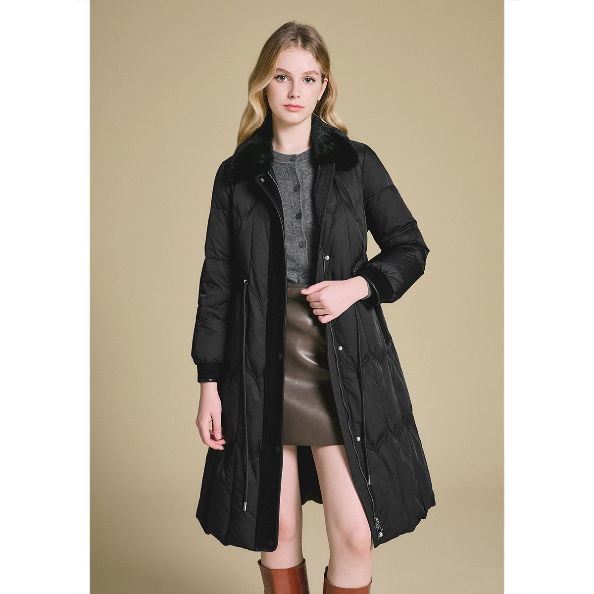 PSALTER诗篇 高奢黑色保暖白鹅绒百搭整貂领长款羽绒服6C65108063