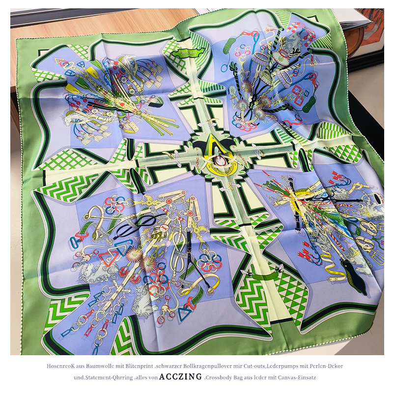 「花束鞍带」90cm18姆米斜纹双面丝巾经典时尚百搭桑蚕丝真丝方巾