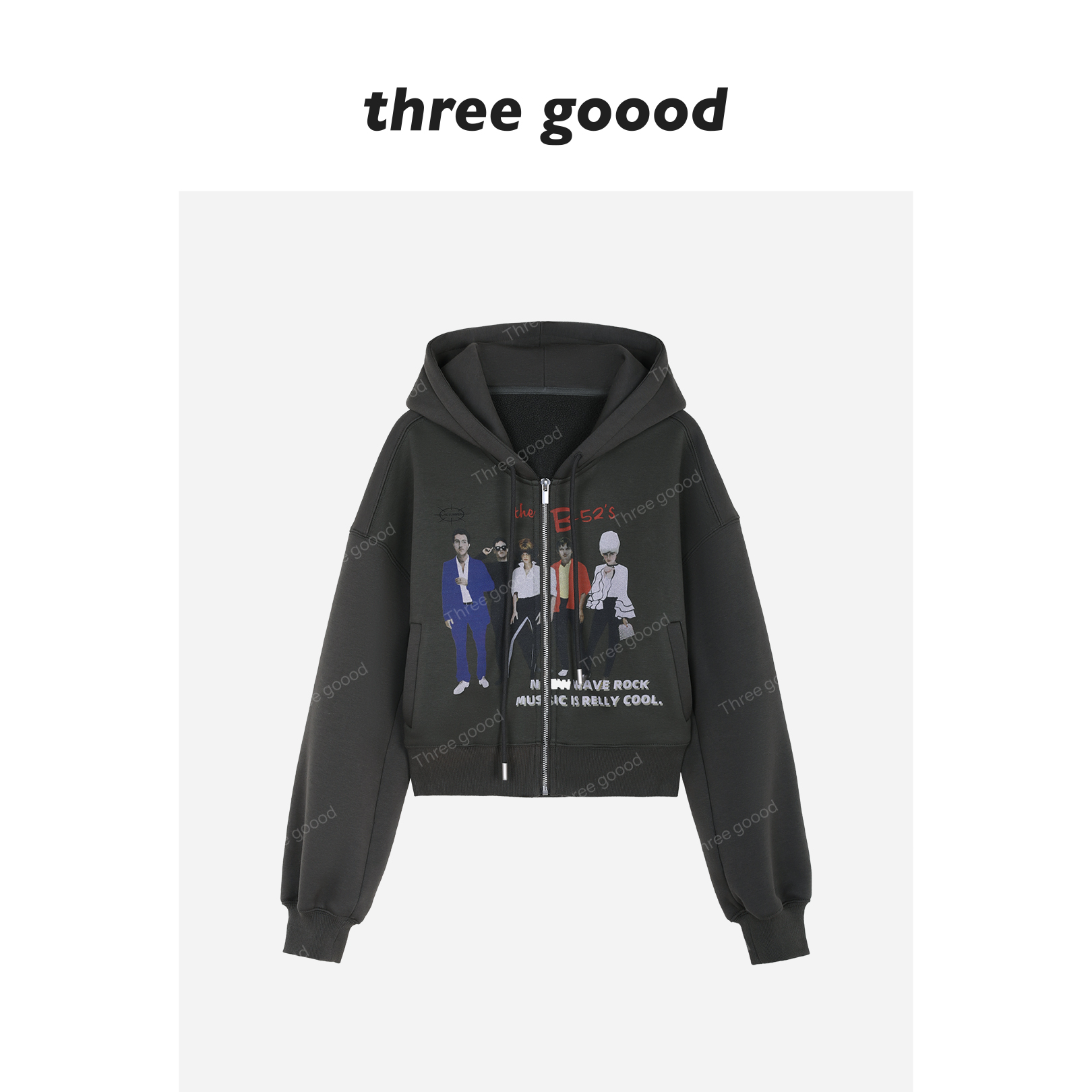 THREE GOOOD/三吉 乐队人物印花加绒开衫连帽卫衣外套Y725D19020