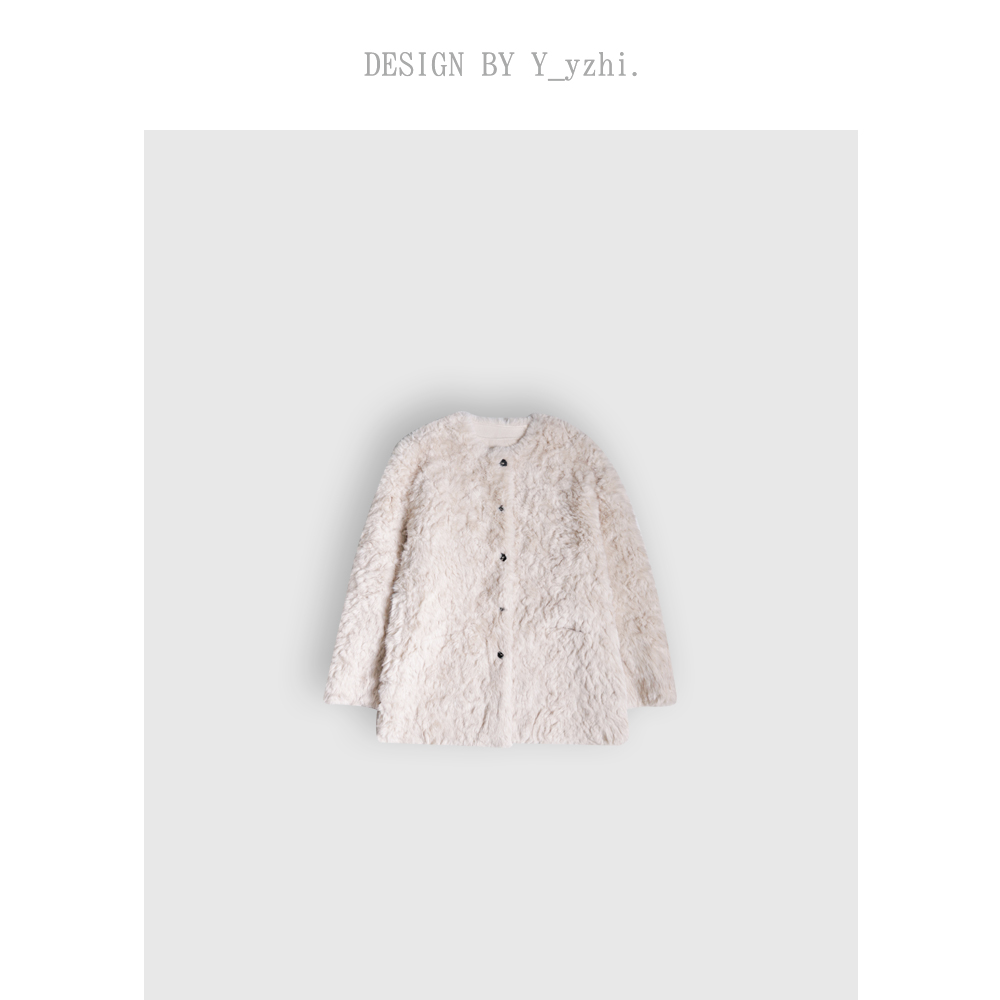 y_zhi 比尼｜米白色轻盈毛茸茸秋冬保暖女士宽松圆领舒适简约外套
