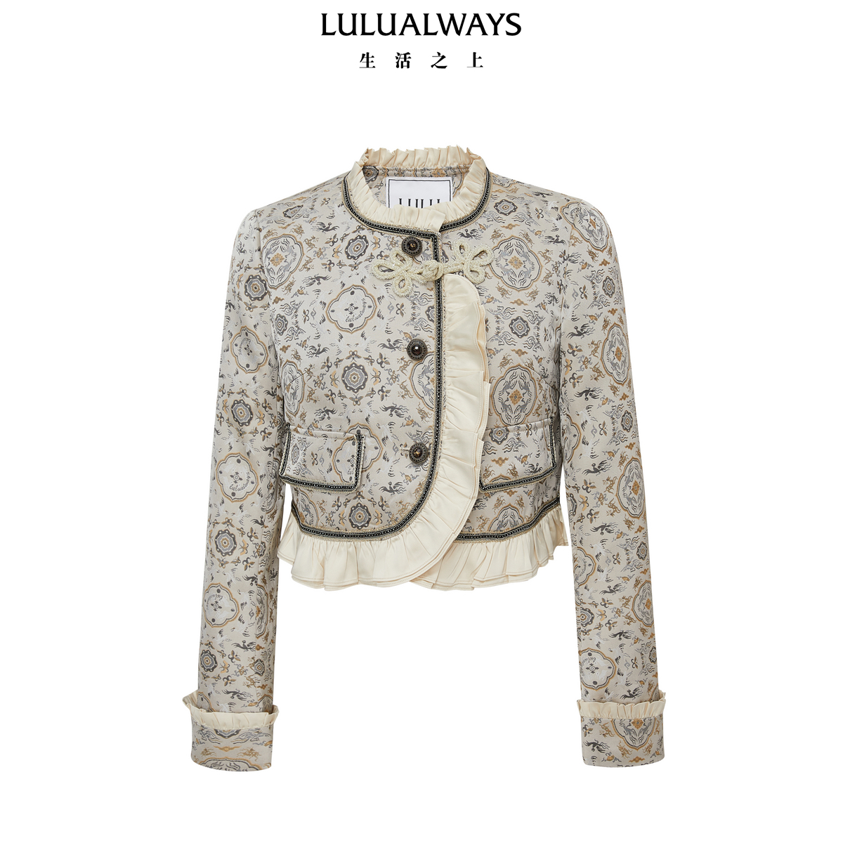 LULUALWAYS秋季新款盘扣新中式国风优雅花边短款外套OPC1003