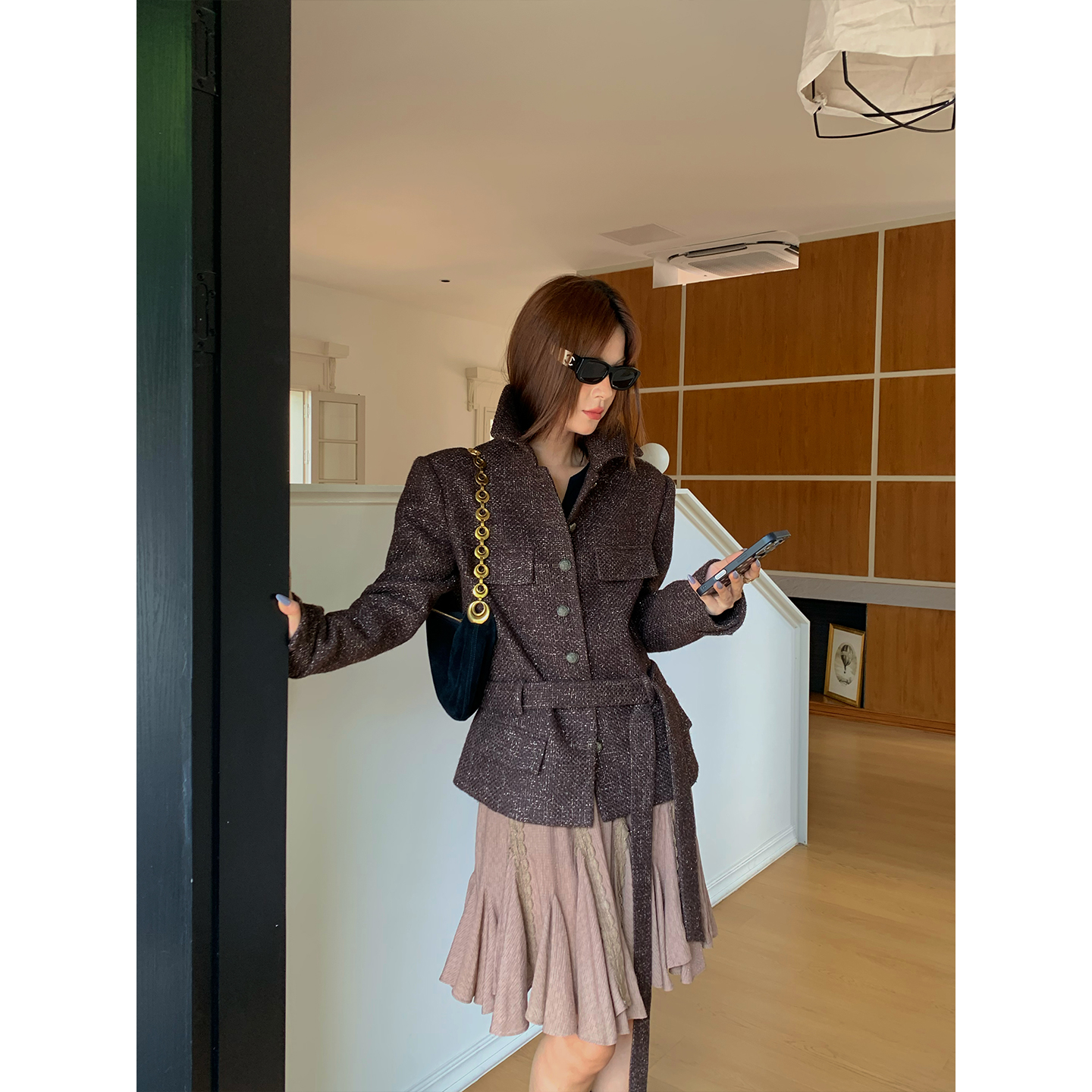 MAR 秋冬复古银丝粗花呢羊毛呢子大衣收腰绑带毛呢外套女676027