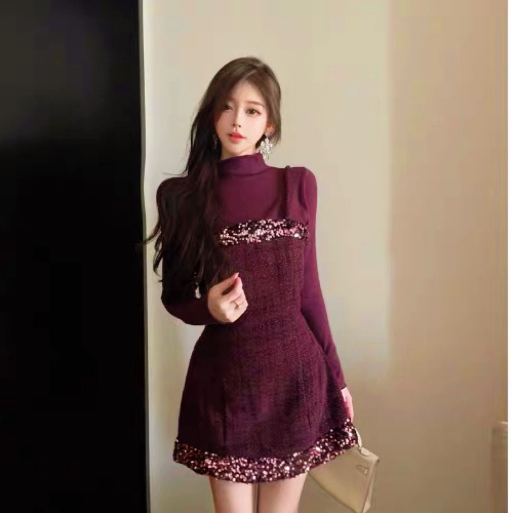 冬季新款8597小香风亮片连衣裙针织衫套装气质显瘦两件套时尚