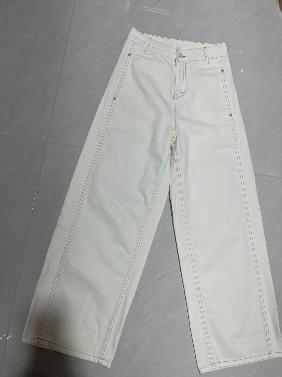 爆款高腰直筒白色阔腿牛仔裤休闲裤子立体剪裁宽松显瘦新款-2025