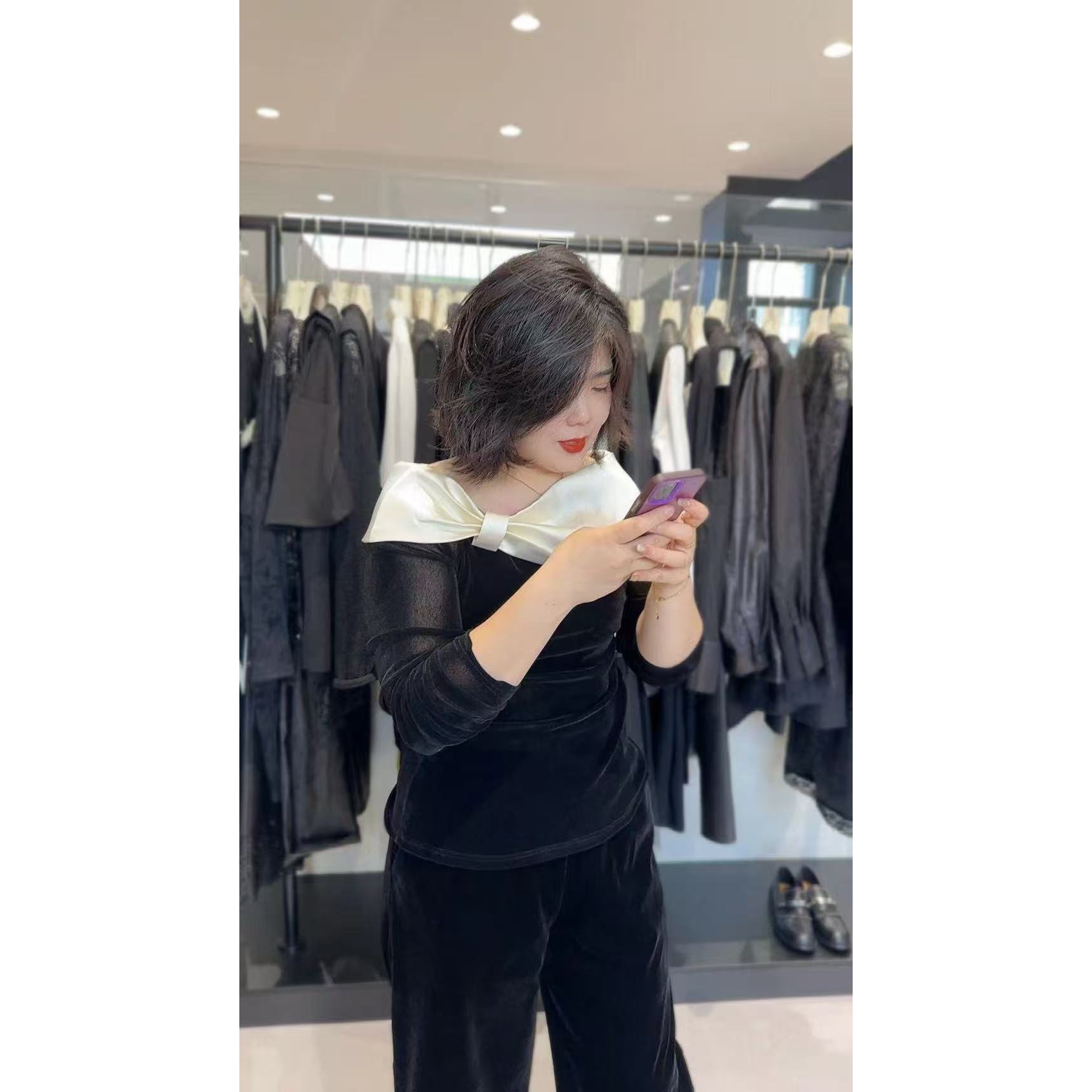 168欧韩集合店| 一字肩上衣拼接蝴蝶结，甜酷风直接拉满6325