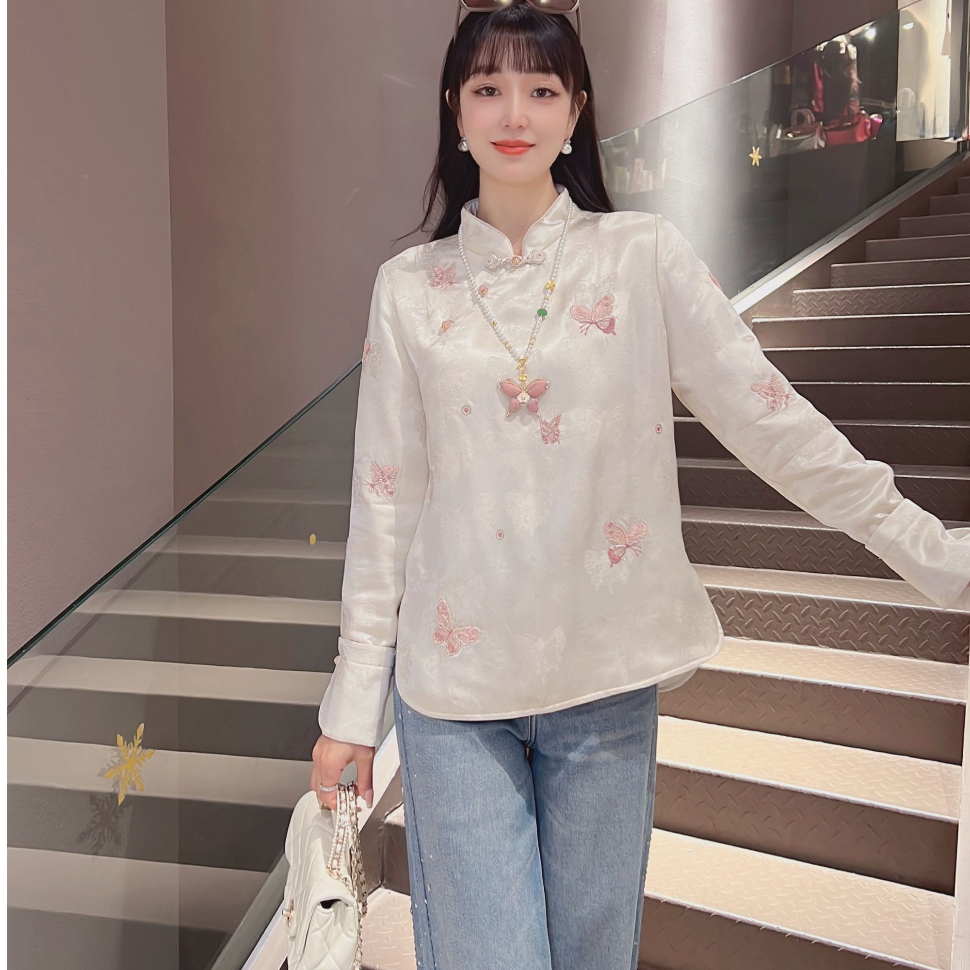 《秀秀定制》秋冬款时尚中国风蝴蝶醋酸气质加棉加厚长袖衬衫6678