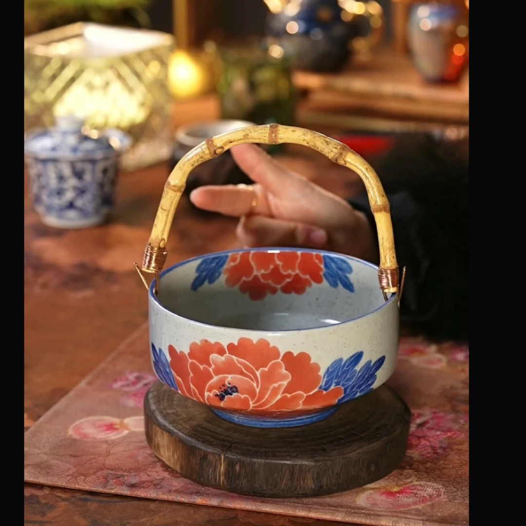 【若玉古美】红牡丹提梁果盘手工手绘釉下彩高温瓷