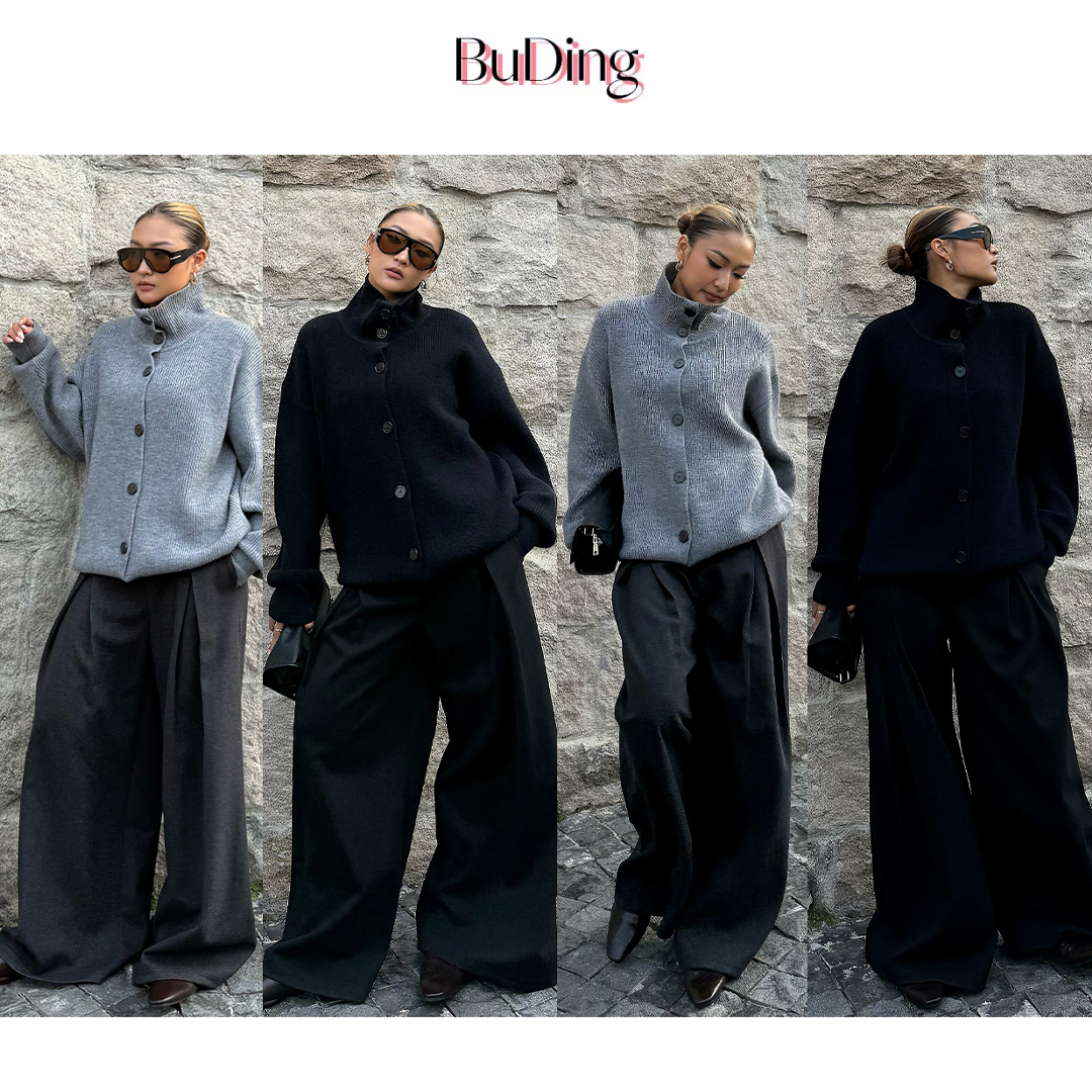 BuDing 高智感北极绒高领纽扣休闲宽松开衫毛衣外套套装
