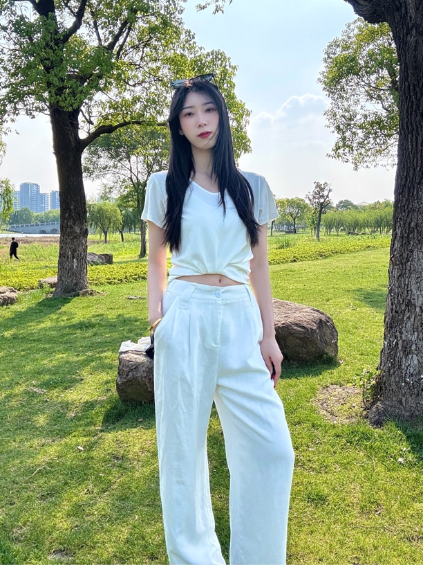 钟颂苡Are 天丝亚麻通勤直筒拖地裤