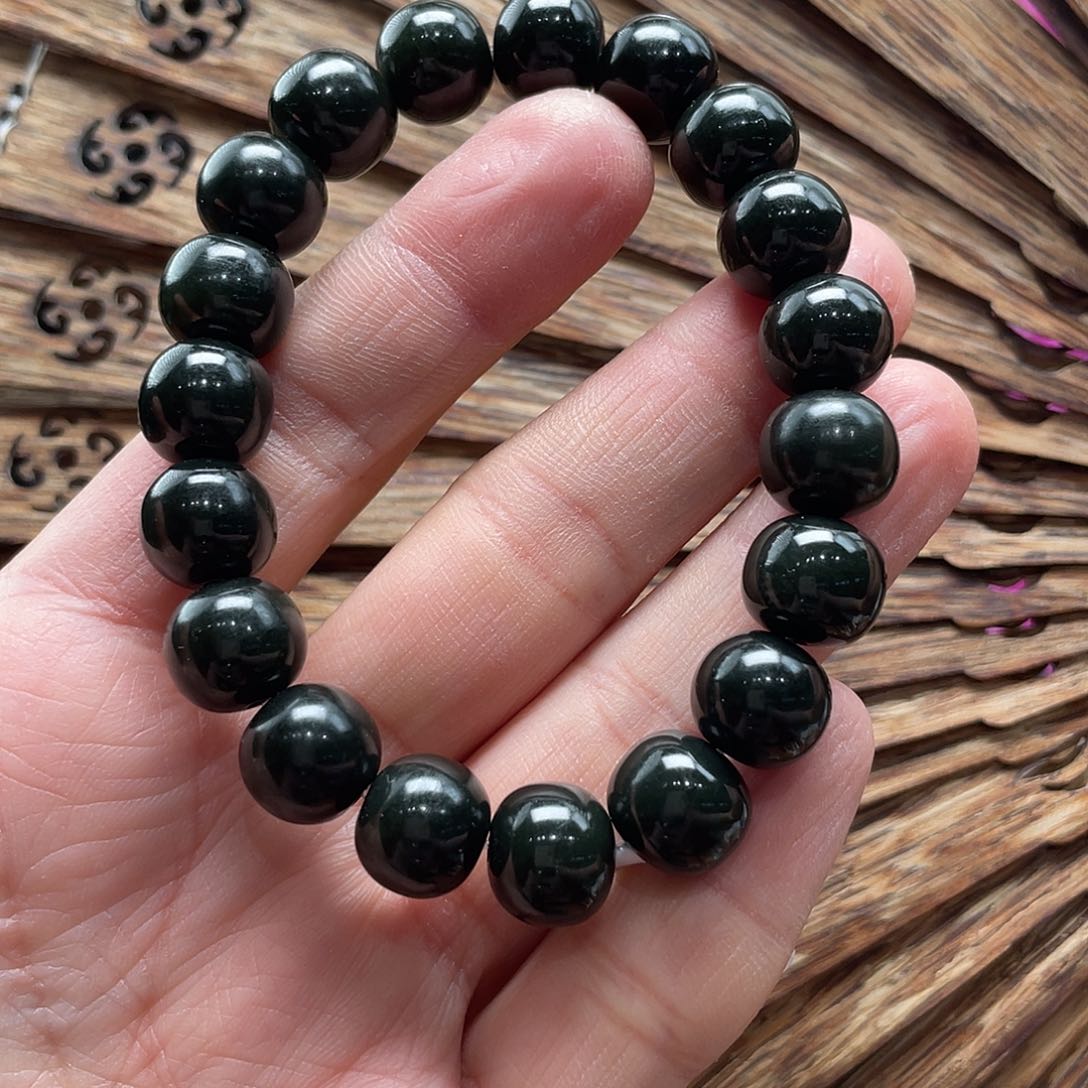 和田玉手串未镶嵌黑青12苹果珠