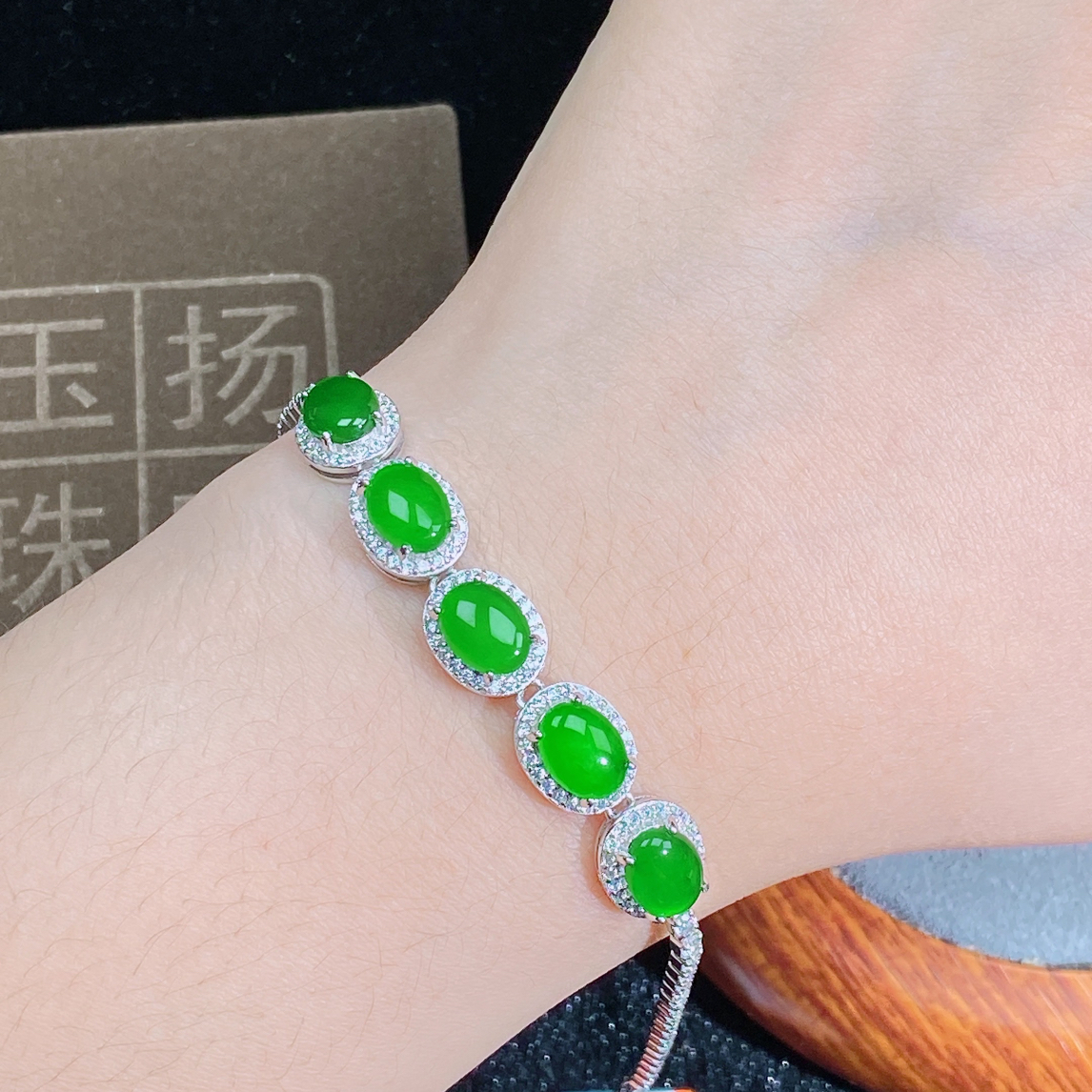 天然翡翠A货时尚轻奢设计款手链通体S925银镶嵌