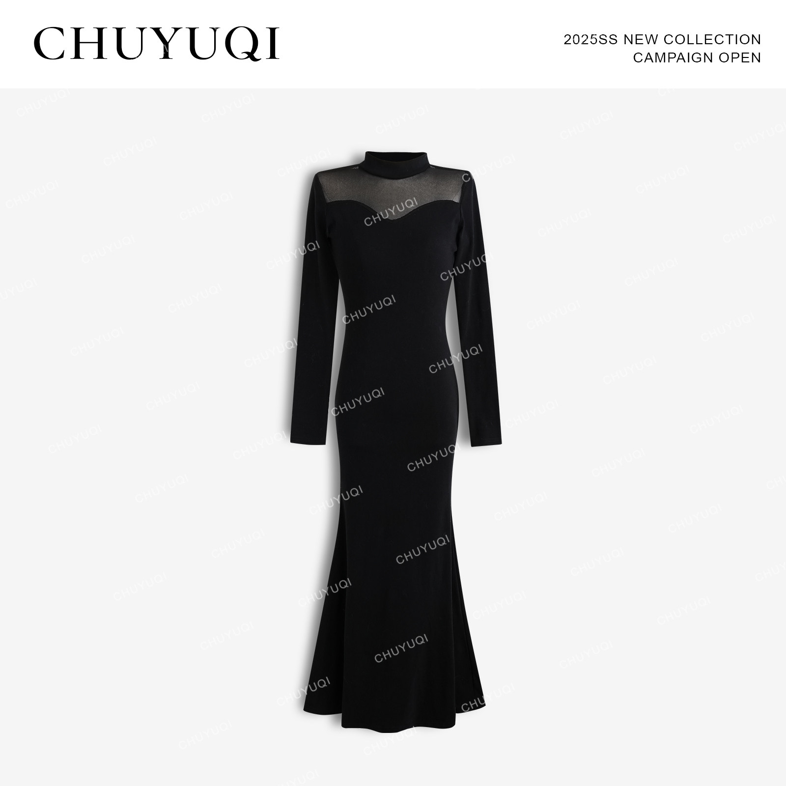 CHUYUQI 上海烟云梦 黑色网纱露背针织长裙修身长袖内搭连衣裙