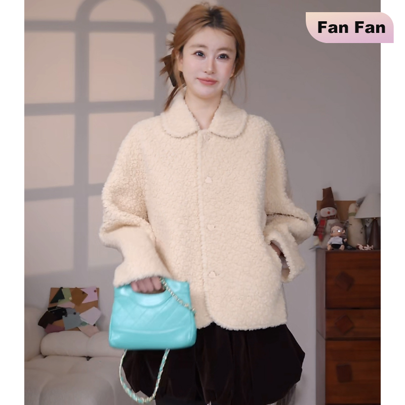 高端货~丝绒心心扣翻领乖巧外套女秋冬新款保暖加厚宽松上衣