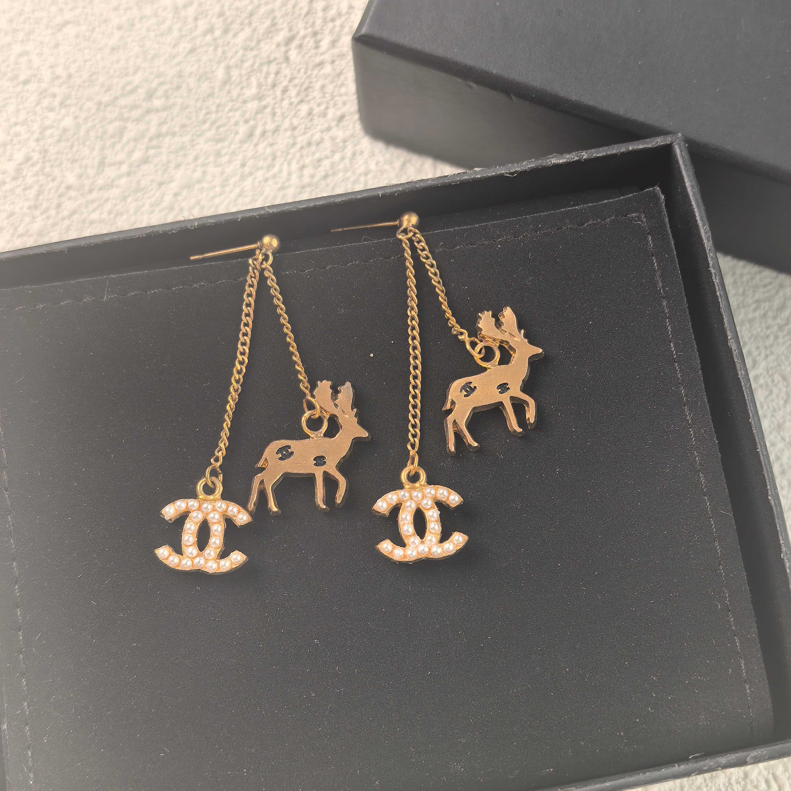 95新 Chanel/香奈儿 泡泡中古Chanel金色小鹿珍珠吊坠耳钉