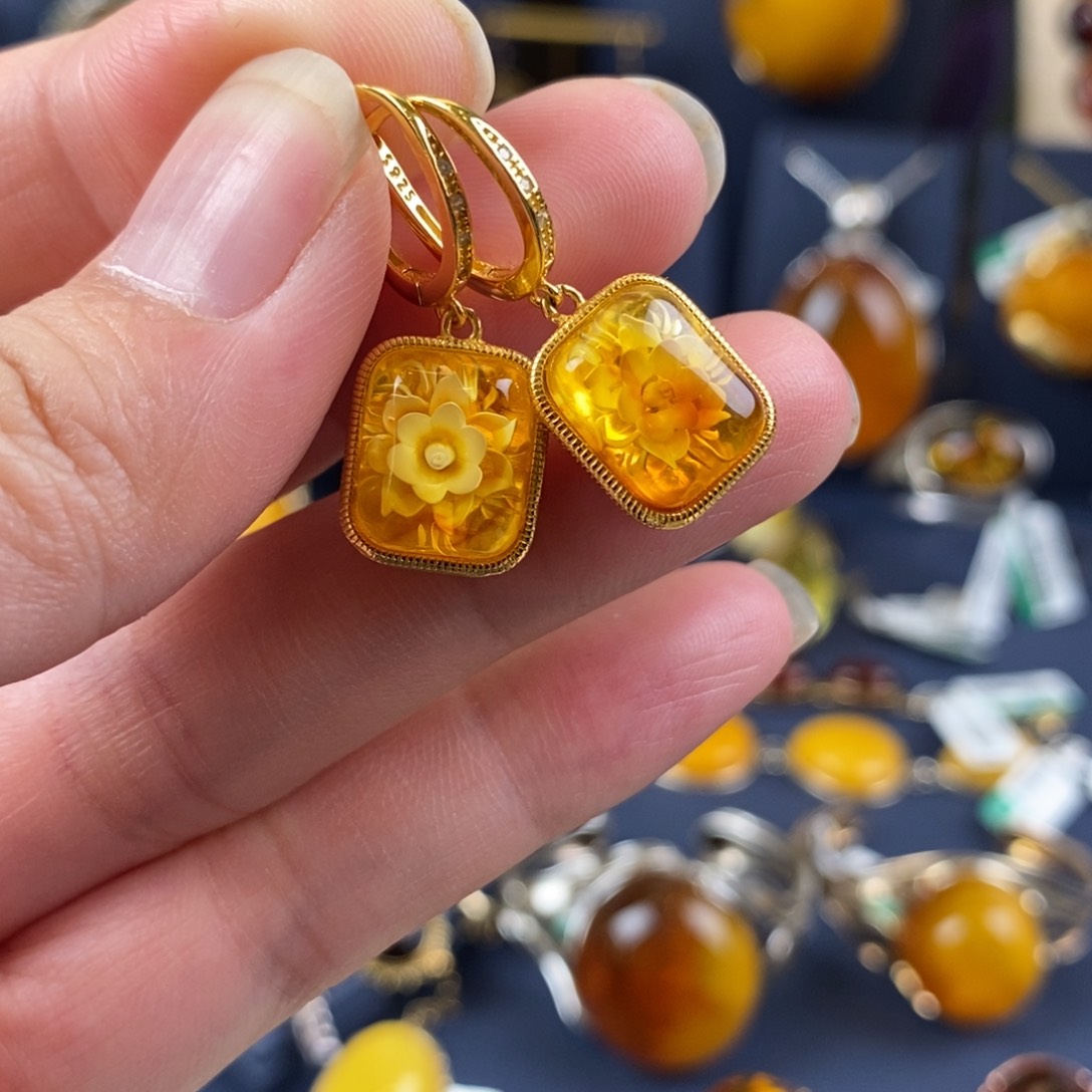 琥珀耳饰银S925镀金镶嵌