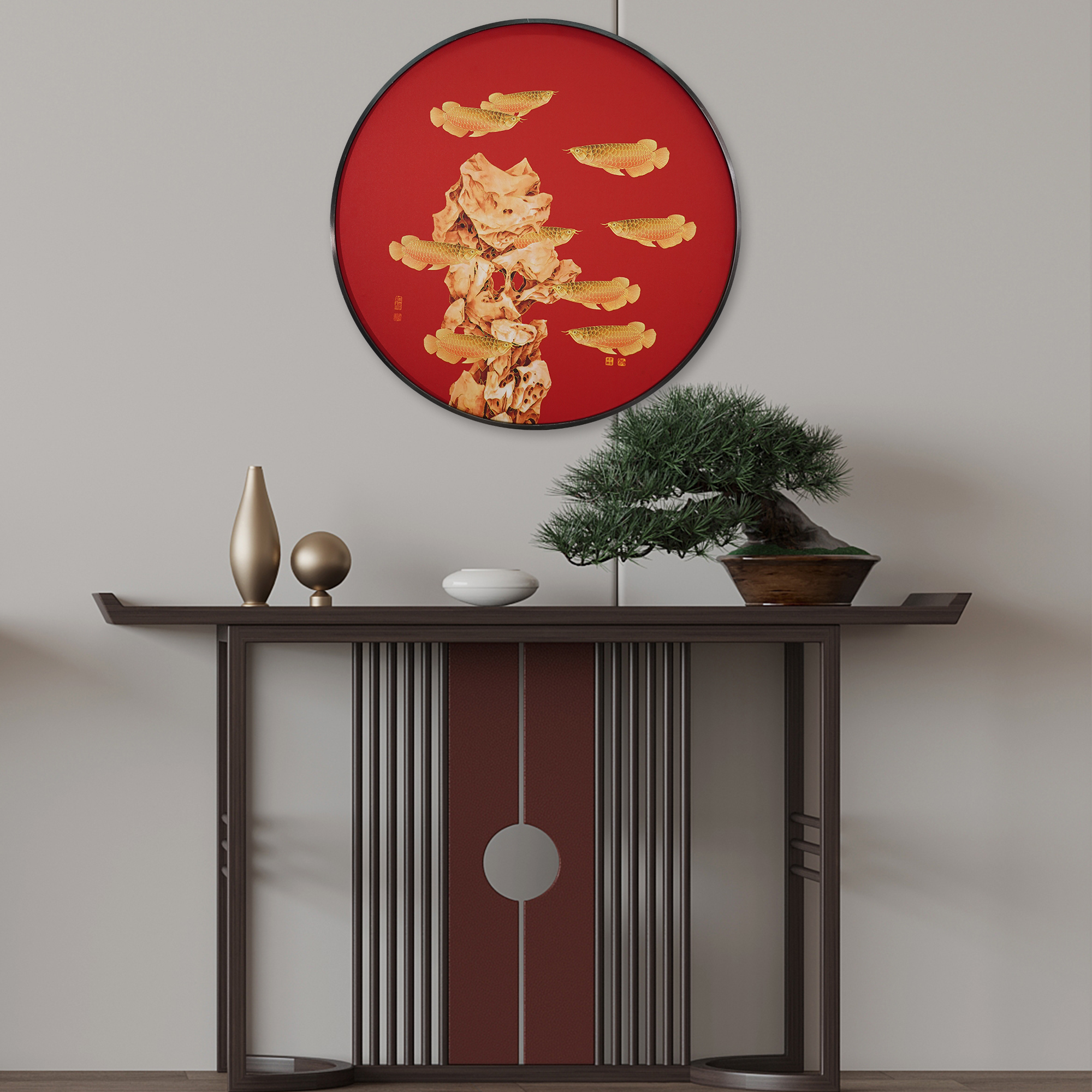 致绘描金《九鱼图》客厅玄关走廊圆形装饰画新中式轻奢金龙鱼挂画