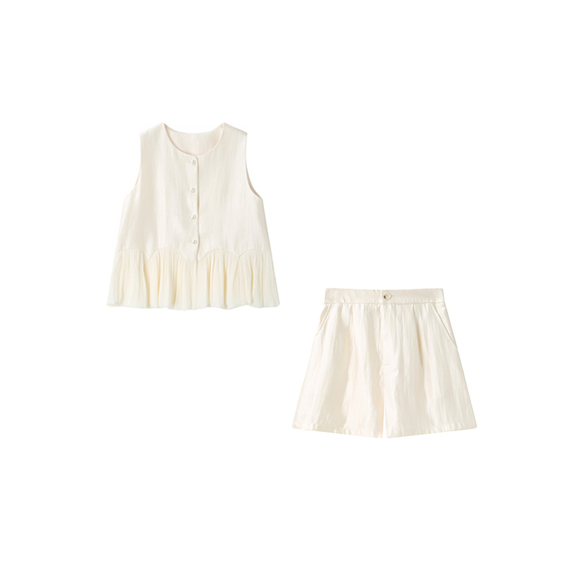 【月光琉璃】2025年夏法式珠光感圆领珍珠上衣裤子套装88935-H