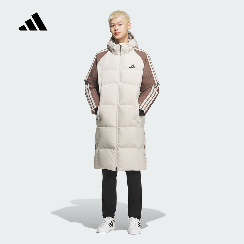 adidas/阿迪达斯2025男三条纹防风保暖长款撞色鸭绒羽绒服KQ5495