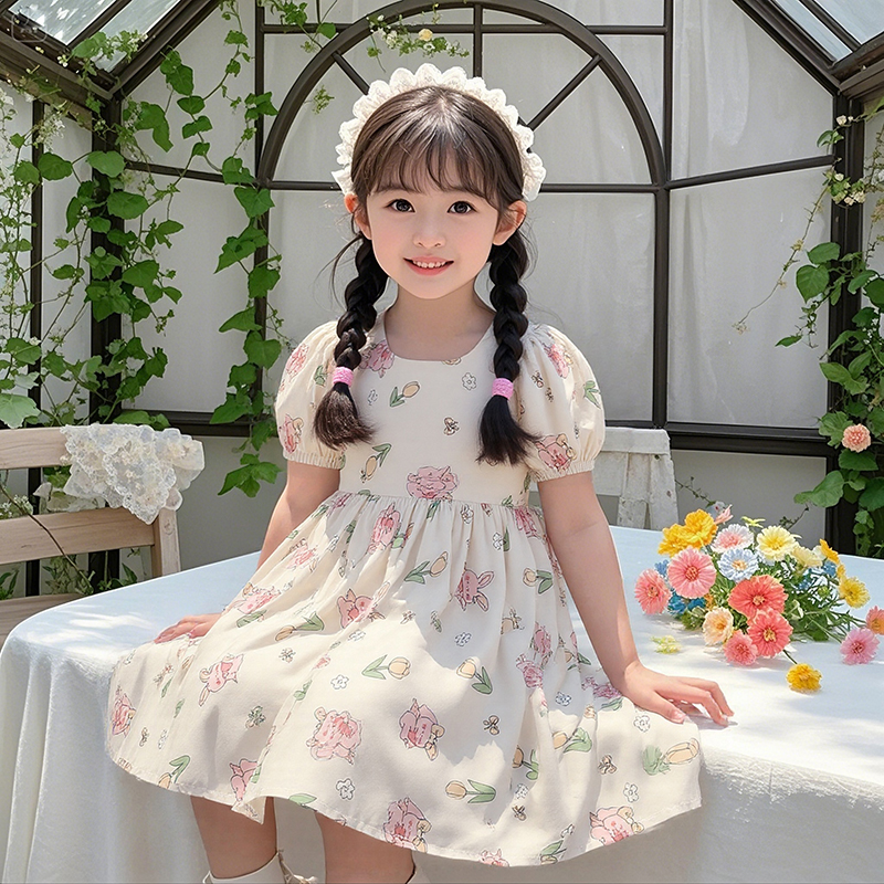 小女孩卡通中大童碎花公主裙夏季泡泡袖女童连衣裙宝休闲短袖绵绸