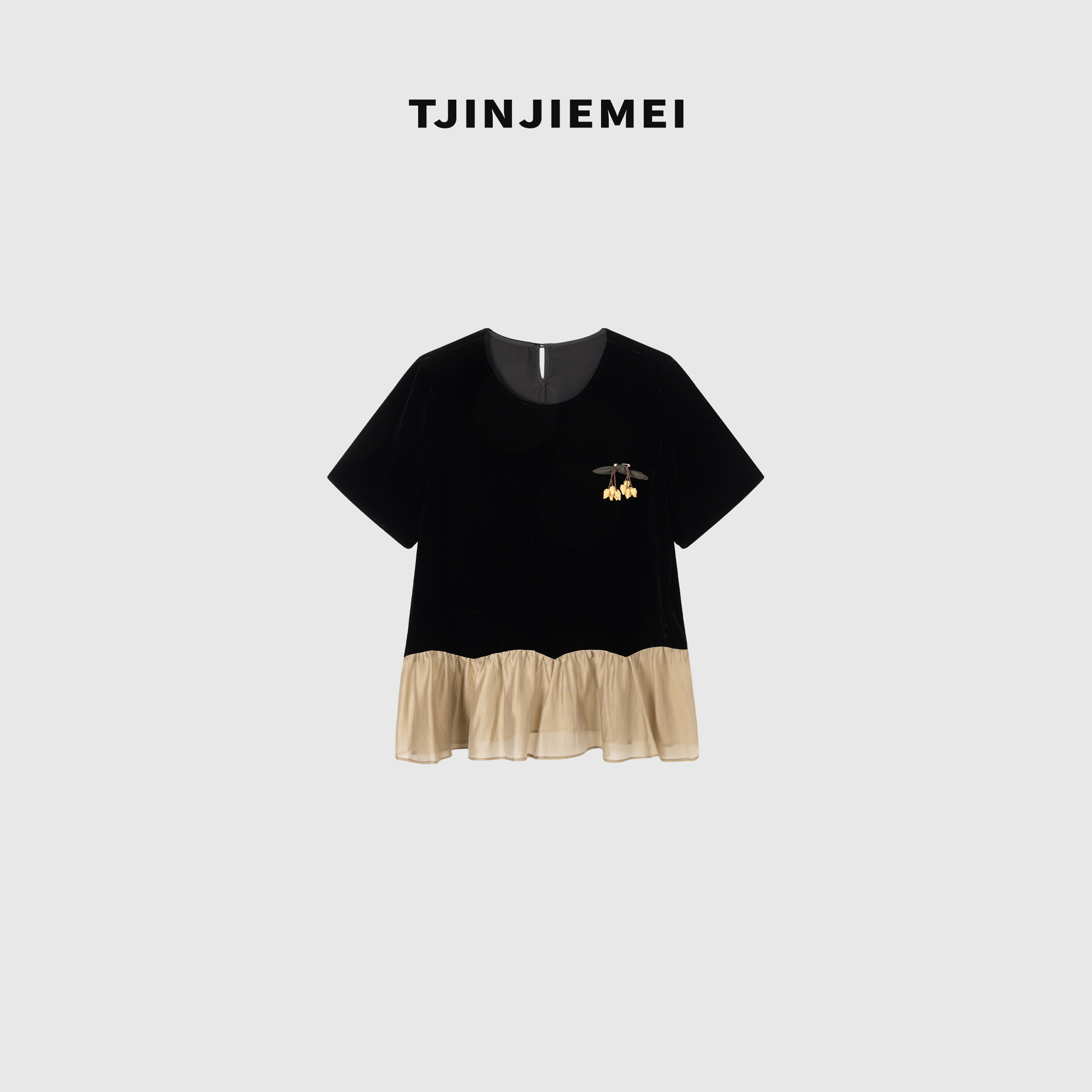 T井姐妹【玲兰】新款设计感宽松拼接真丝丝绒短袖DX2506-TJ373