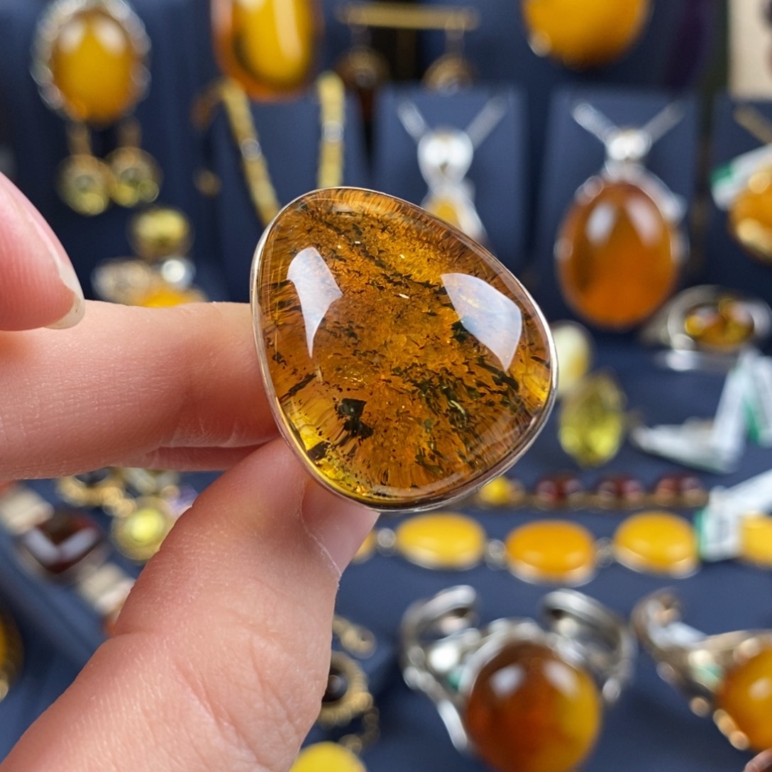 琥珀戒指银S925镀金镶嵌