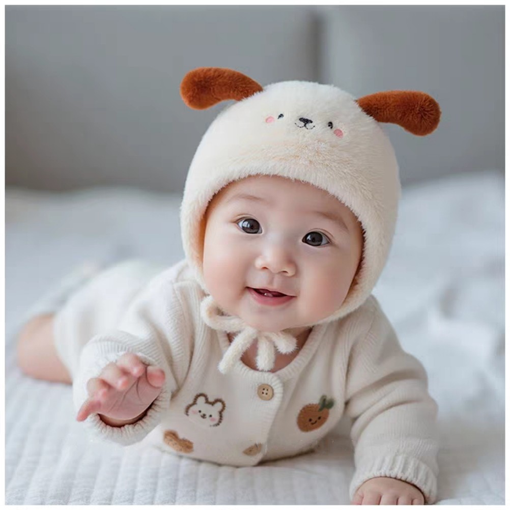 婴儿小月龄帽子秋冬季保暖加厚毛绒护耳帽男女宝宝可爱针织毛线帽