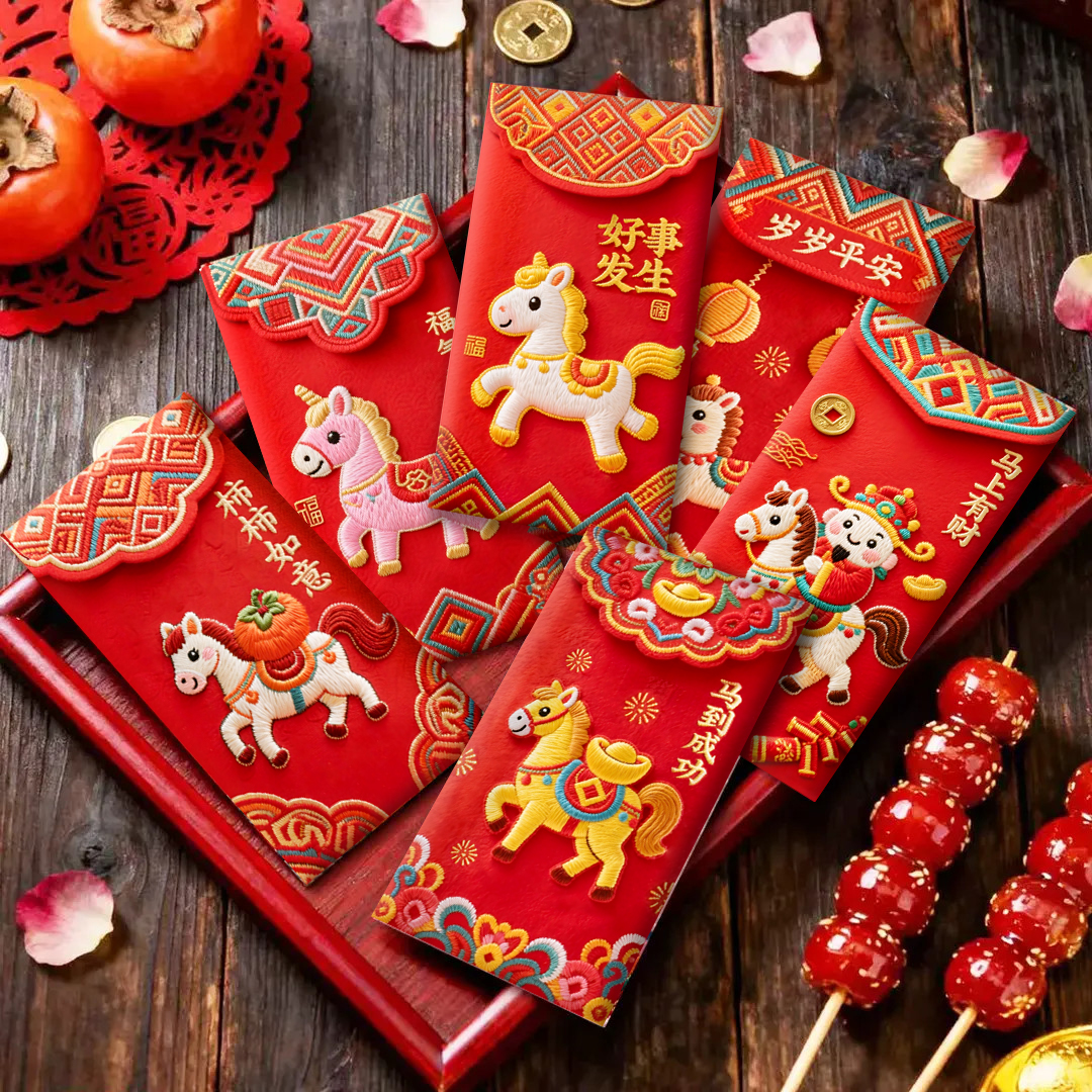 【纯红色】红包2026马年新款卡通萌马高清印花平面刺绣风格可爱春节