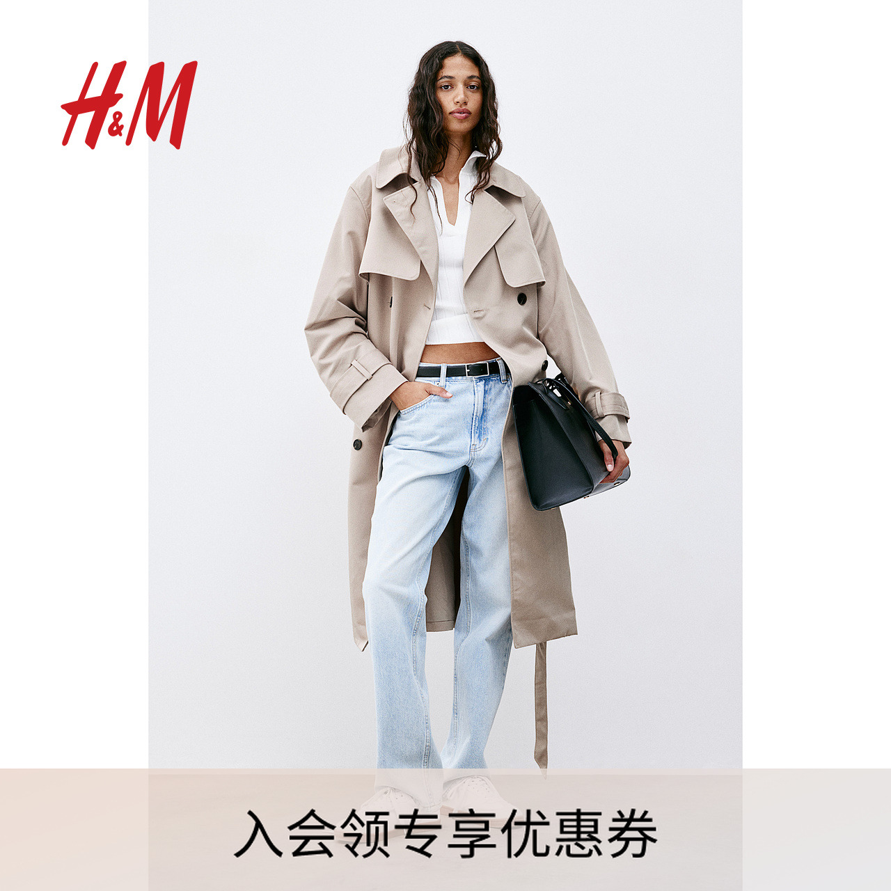 HM女装风衣秋季新款时尚休闲英伦风斜纹布双排扣大衣1202758