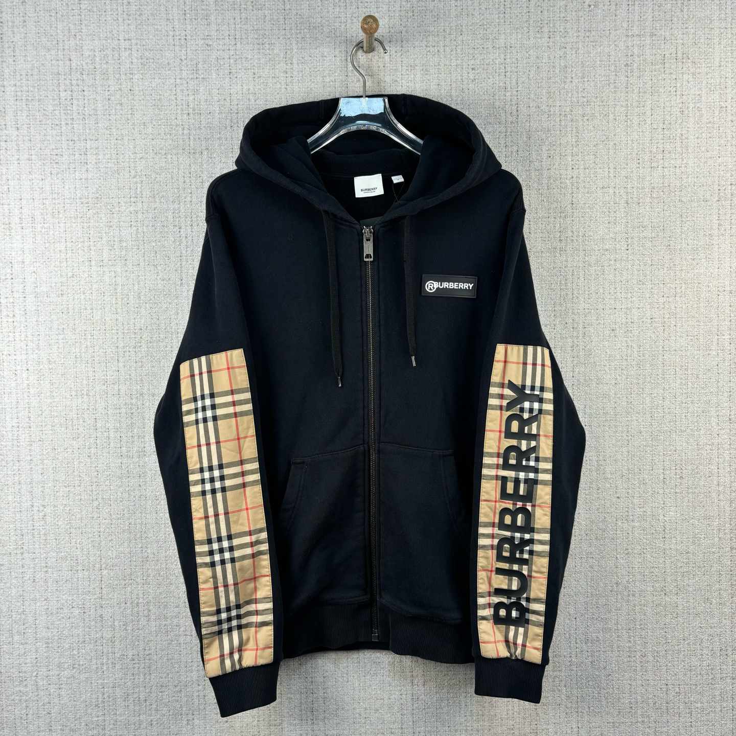 99新 BURBERRY/博柏利 拉链格纹衬里Logo字母连帽卫衣/尺码M/9866