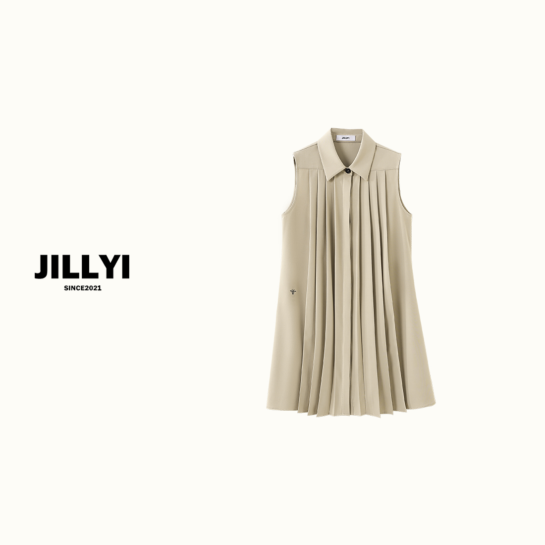 JILLYI南山店【罗马少女】气质浅奶咖色百褶夏季休闲无袖polo连衣裙