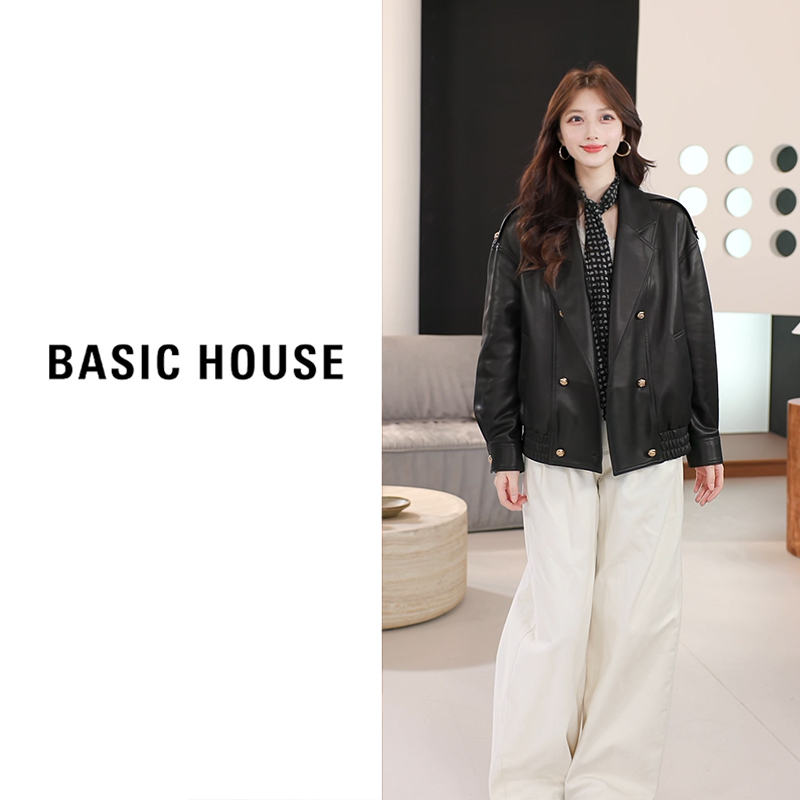 Basic House/百家好秋冬新款短款皮衣外套女B1295B5H482（衣长67）