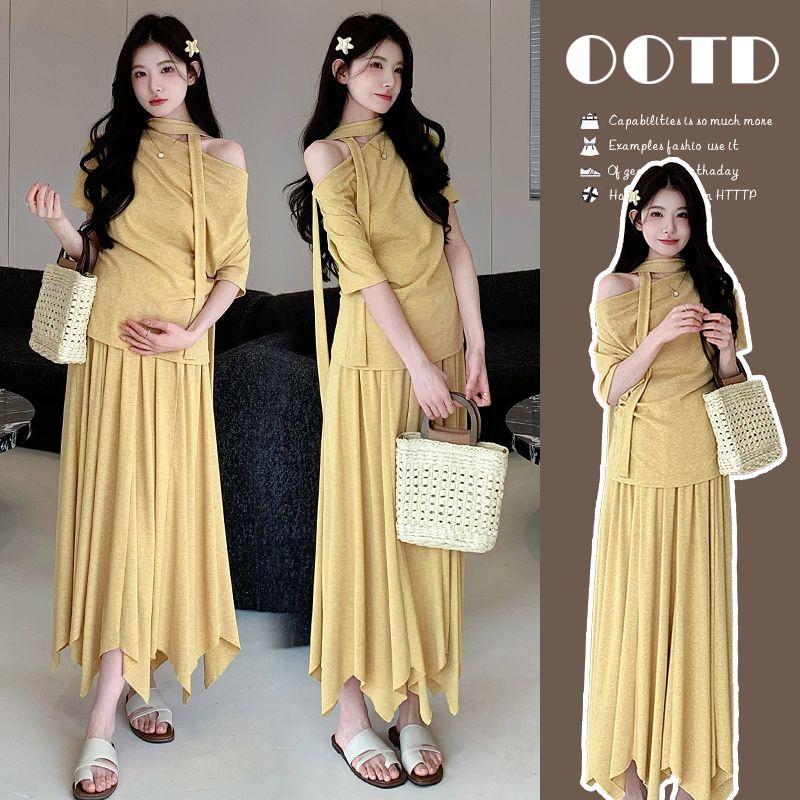 【晚媛若】2025夏季新品孕妇韩系不规则上衣猪鼻扣半身裙两件套套装