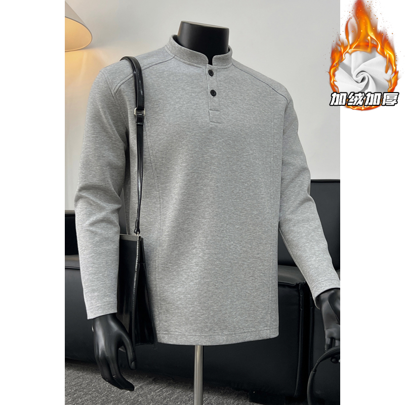 美式解构拼接亨利领长袖T恤男秋冬季潮牌加绒加厚宽松休闲上衣服