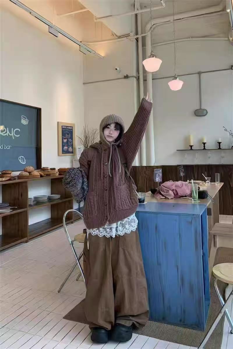 呆呆姐 韩系慵懒风针织V领连帽宽松显瘦厚毛衣外套！超百搭