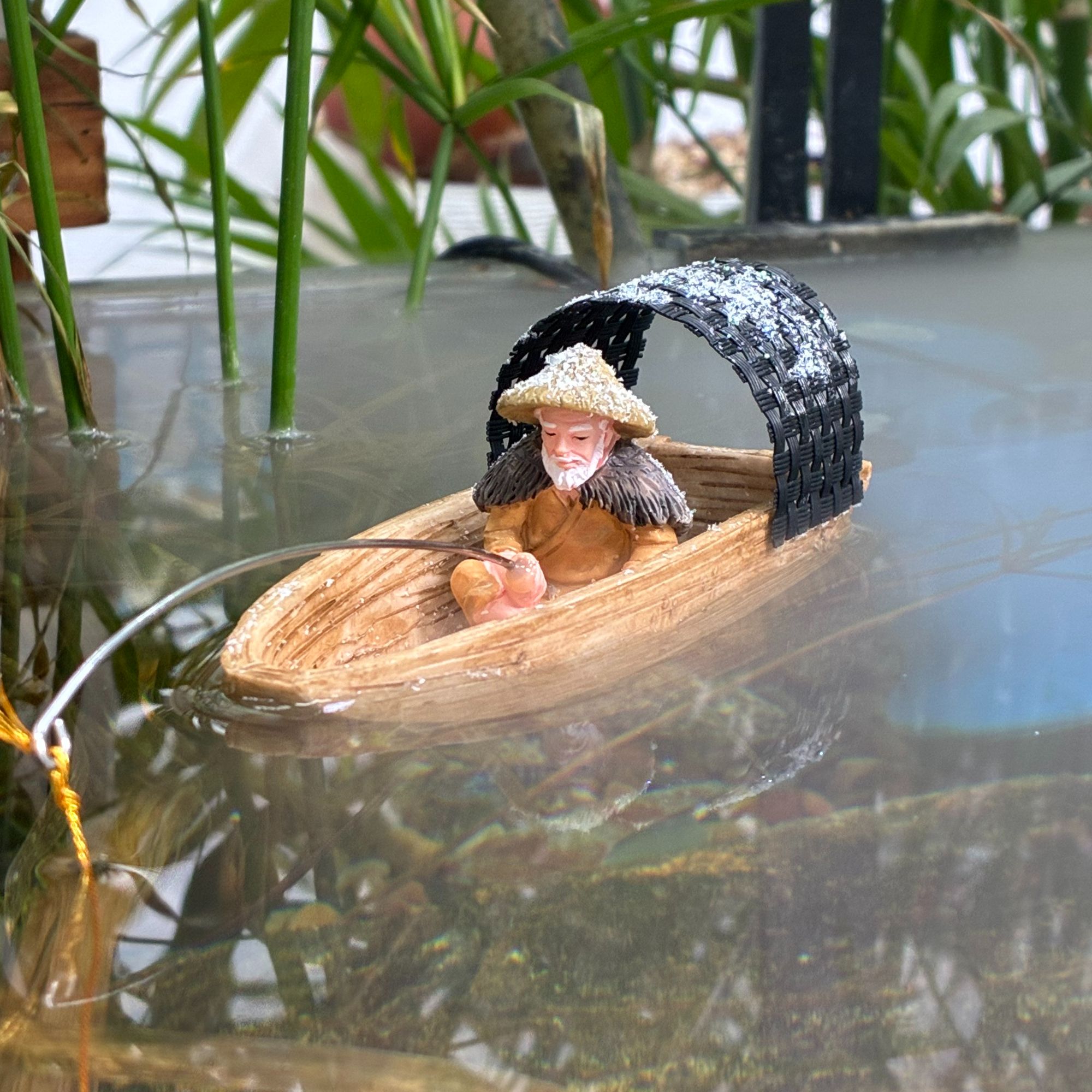 姜太公钓鱼创意浮水树脂工艺品中式禅意乌篷船水缸鱼池流水造景