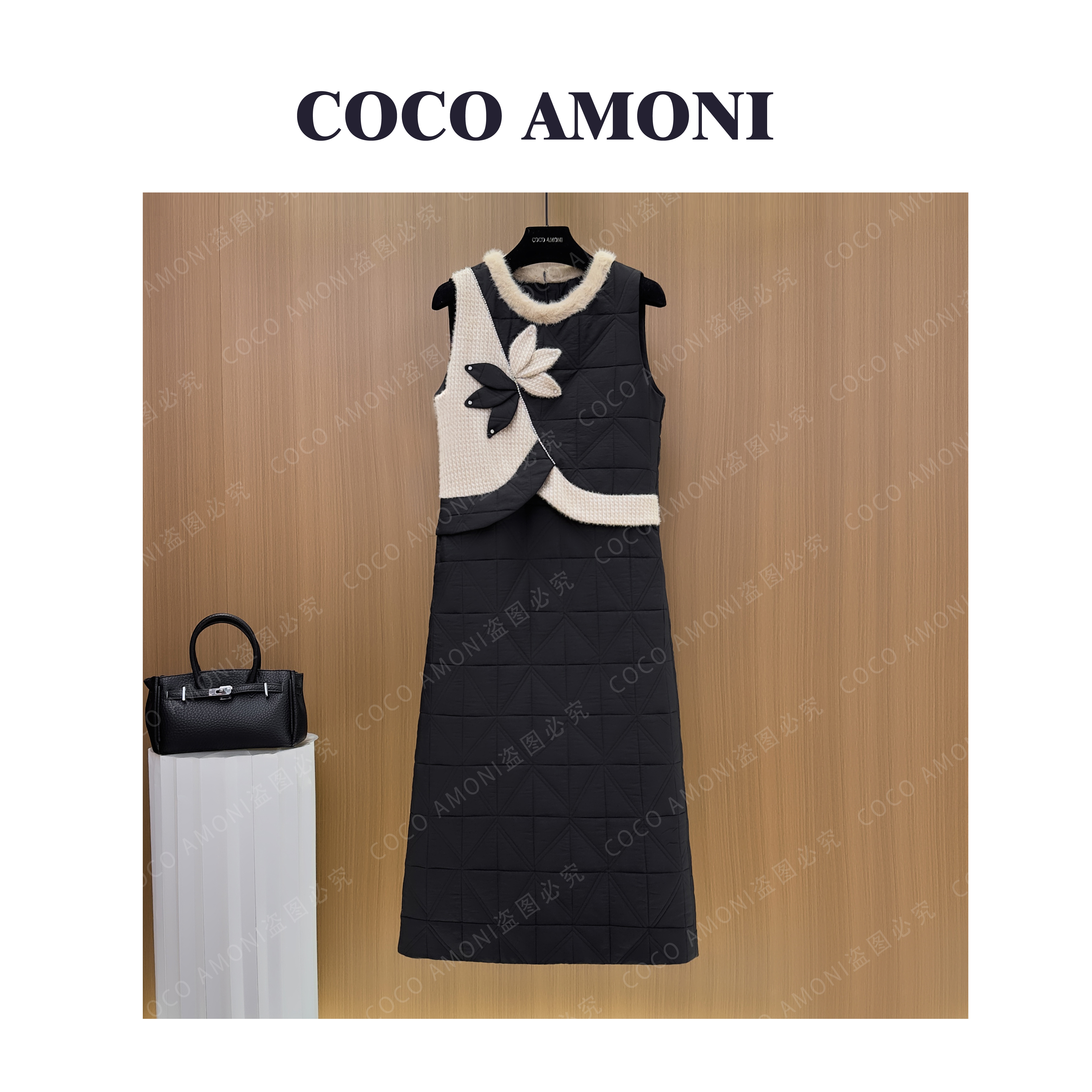 [曼姐]秋冬设计师爆款女装拼接收腰显瘦气质连衣裙WXH1126