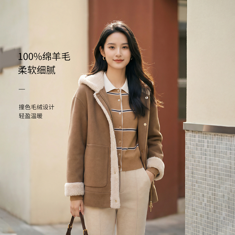 EP雅莹新款女装 撞色毛边连帽驼色羊毛双面呢大衣外套8209A