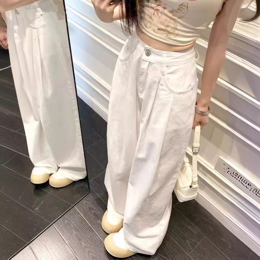 白色高腰直筒牛仔裤女小个子春季新款宽松显瘦百搭阔腿拖地长裤子
