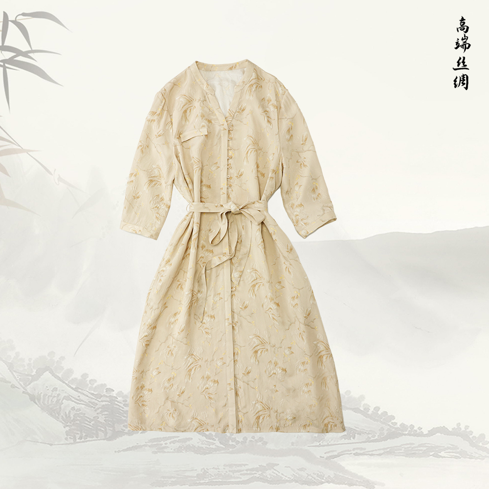 【瑾瑜】品牌新款桑蚕丝V领单排扣系带显瘦连衣裙51604
