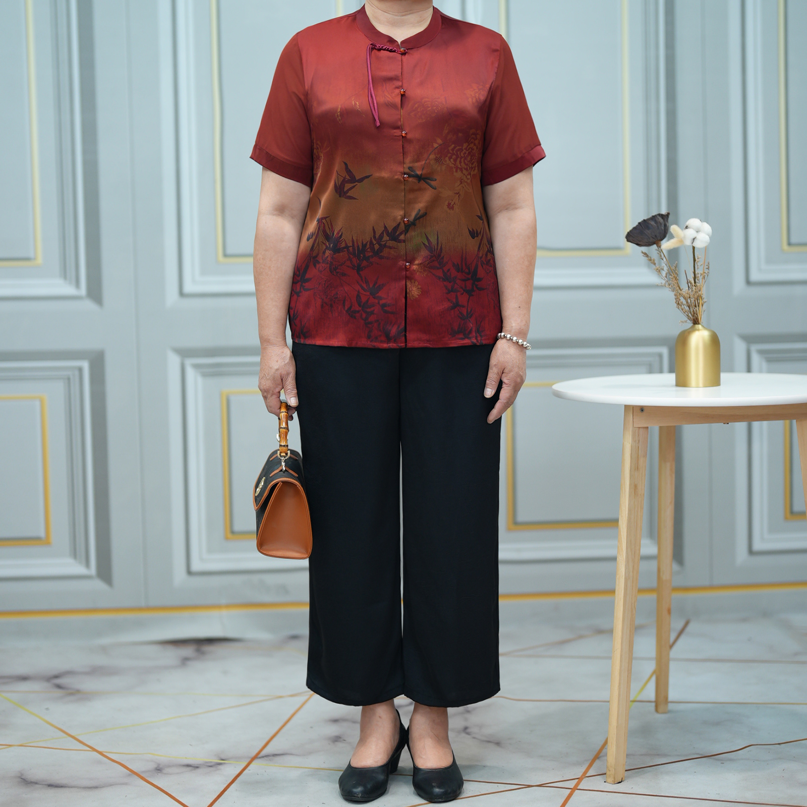 大码妈妈装国风立领印花开衫套装2025夏中老年洋气丝滑两件套宽松