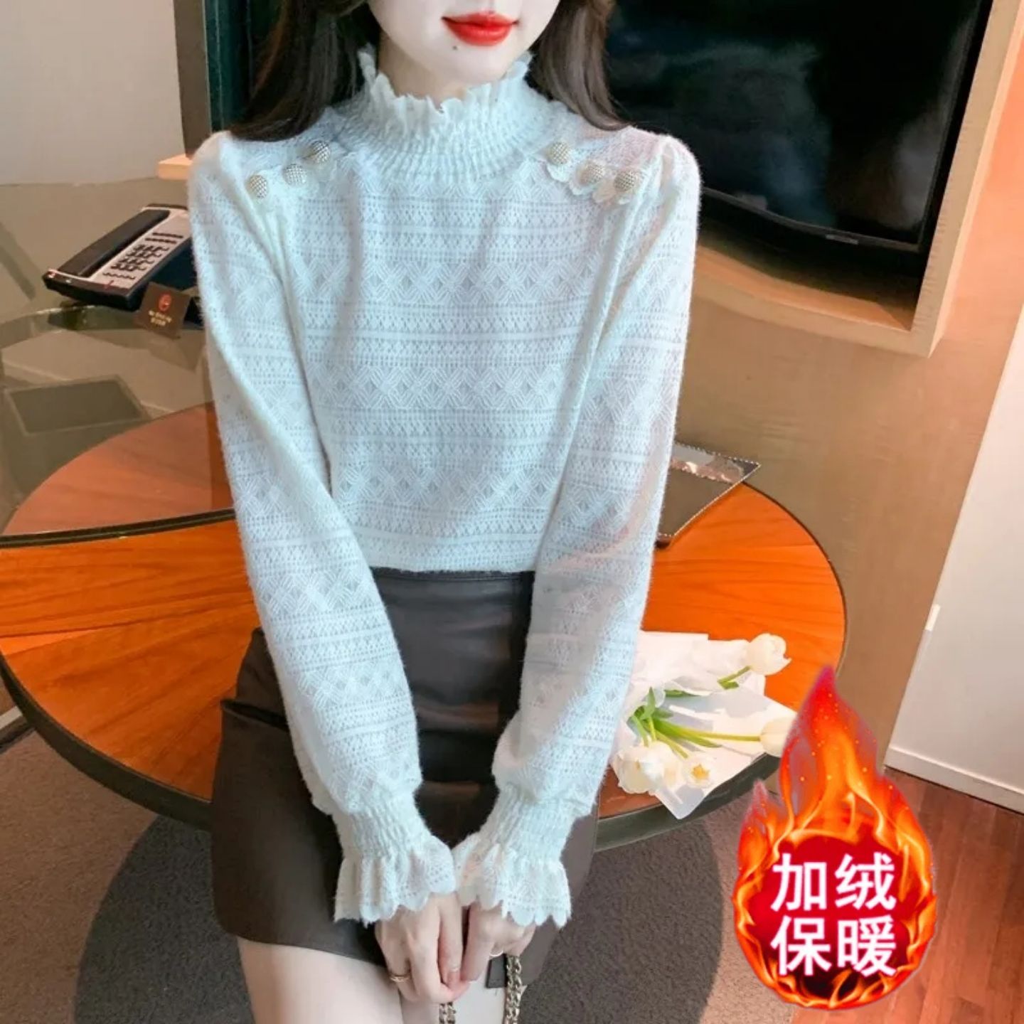 2025秋冬新款植绒加绒法式显瘦蕾丝衫女半高领上衣磨毛内搭打底衫