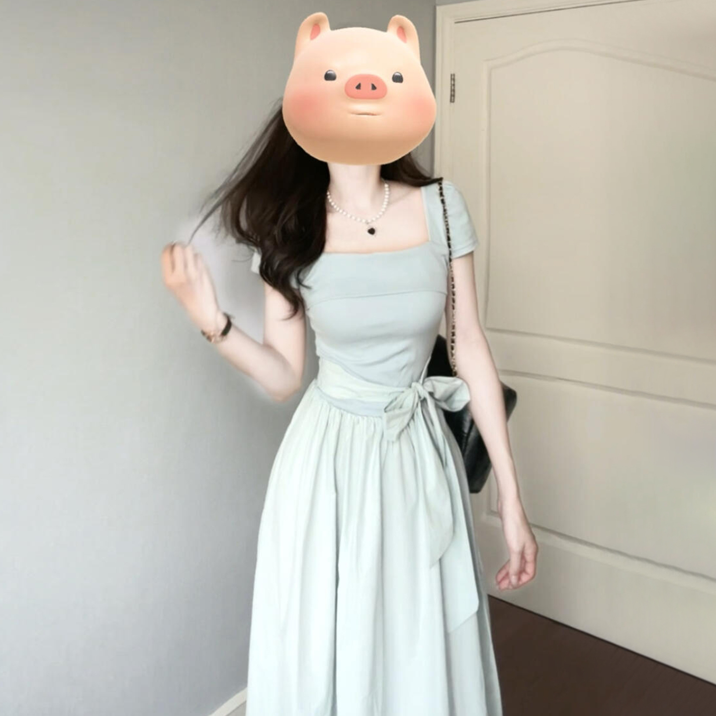 法式方领连衣裙子女夏季2025年新款气质独特漂亮掐腰显瘦长裙3541