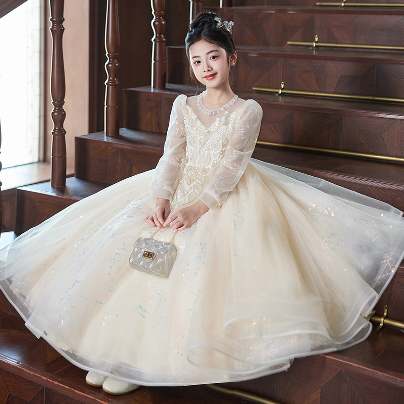 钢琴演奏礼服女童轻奢小众高端洋气儿童主持人生日走秀花童演出服