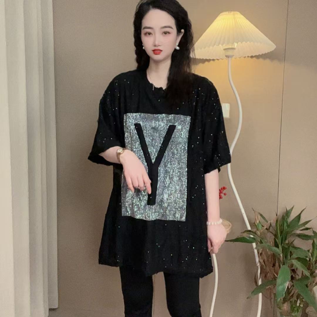 夏季新款休闲宽松做旧破洞烫钻圆领韩系中长款短袖T恤显瘦百搭女t