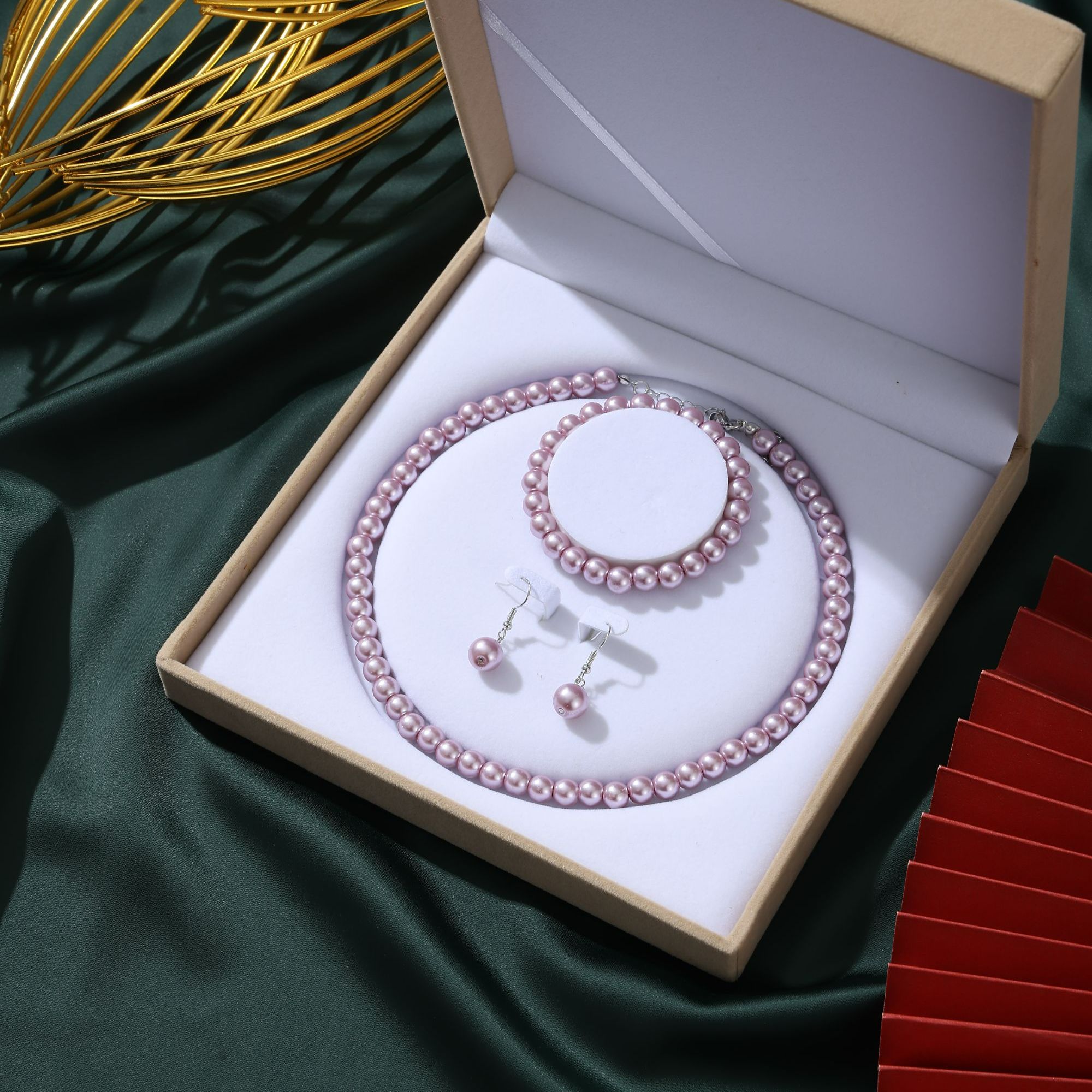 合金项链 紫美人珠正圆贝珠项链手链耳环三件套