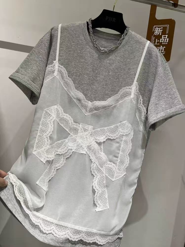 【济州岛】小众设计蕾丝蝴蝶结吊带假两件短袖