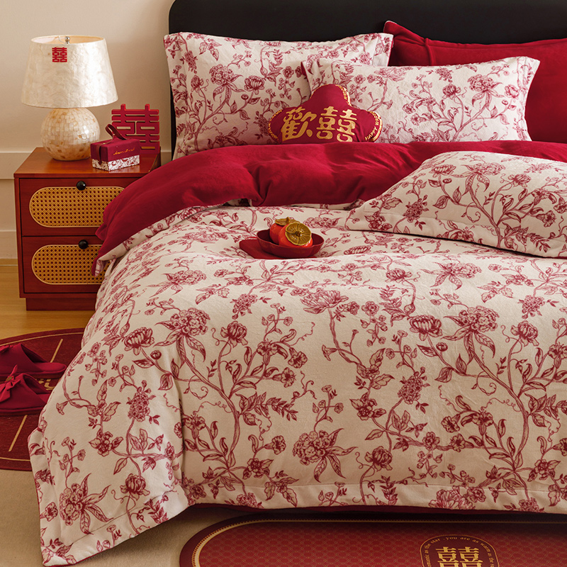 I-Will/艾维结婚四件套双面大红床品婚庆加厚保暖防静电 浪漫心喜