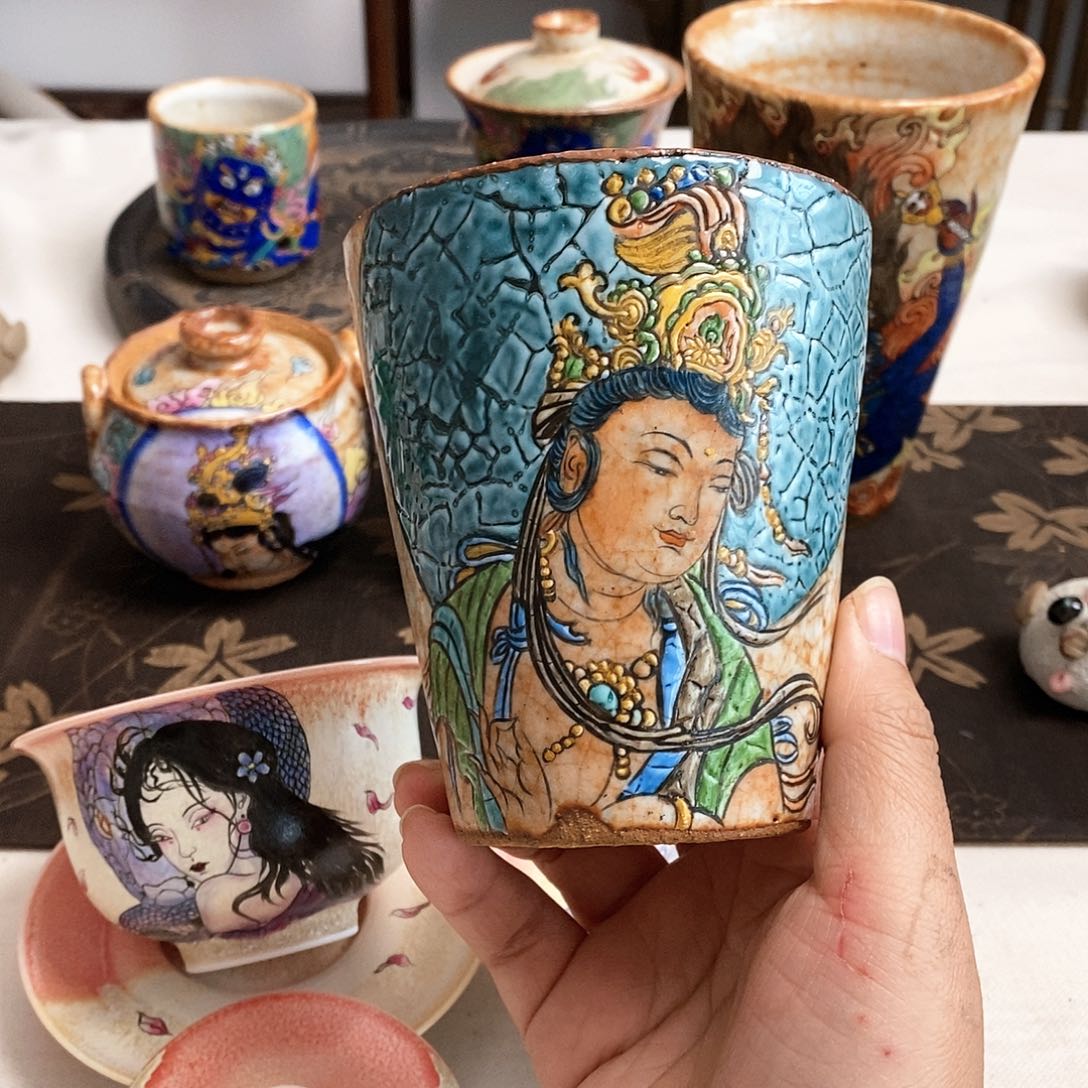 手工手绘敦煌普贤茶杯