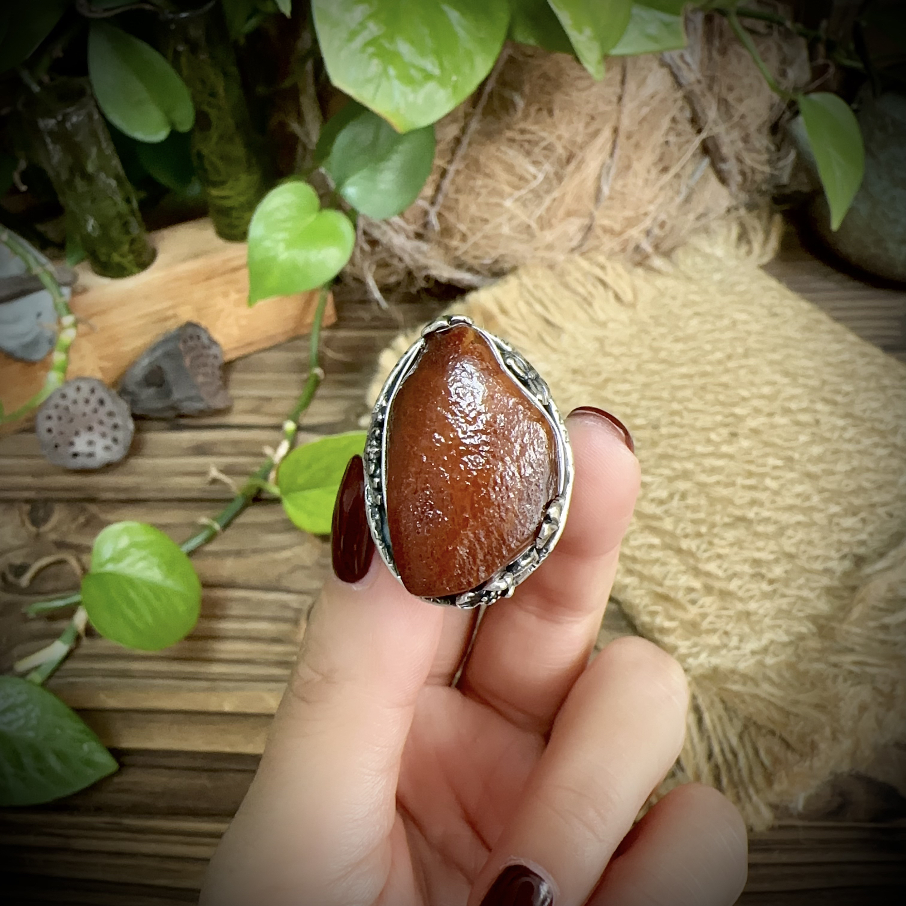 【古香古色】复古s925银蜜蜡琥珀戒指（圈口可调节）